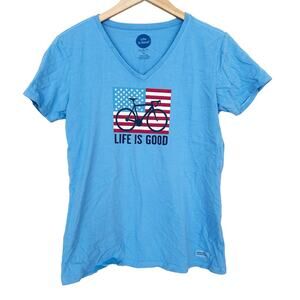 Life is Good American Flag Bicycle Blue Short Sleeve T Shirt Sz M